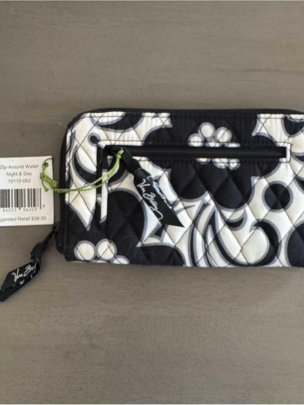 Vera Bradley Black and White Quilted Zip Wallet with Floral Motif